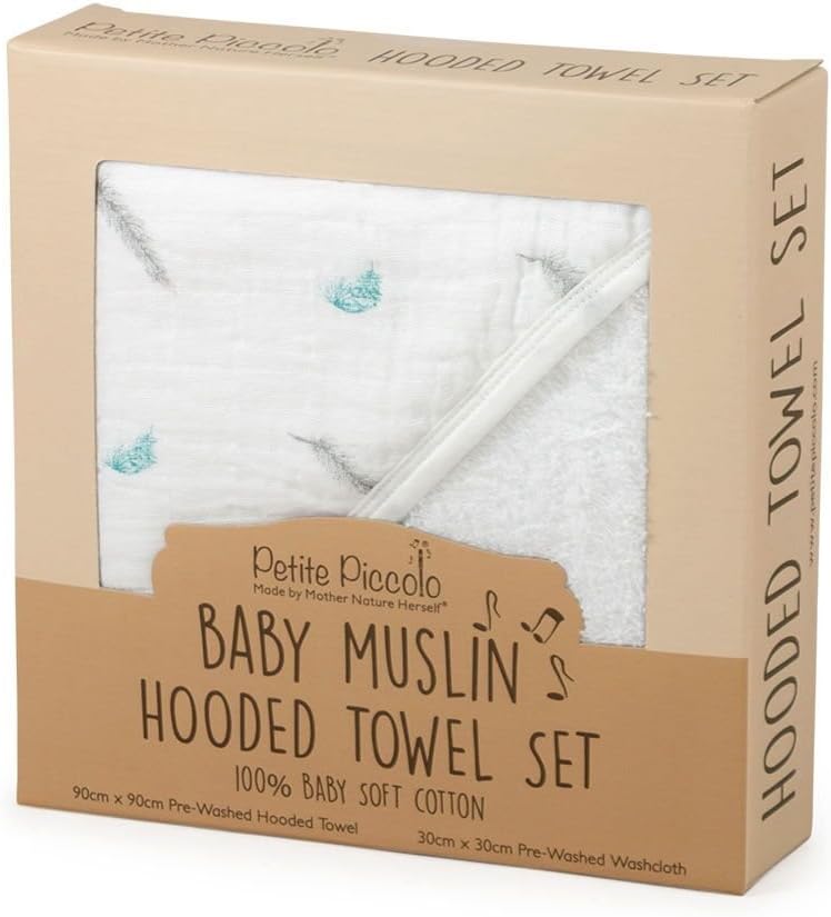 Petite Piccolo Super-soft Muslin Hooded Baby Towel and Washcloth Set with Floating Feather Design