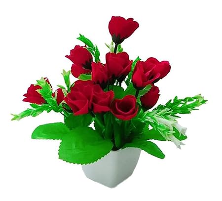 FANTASTIC FLOWERS Plastic Vases with 18 Artificial Roses for Home Decor, 25x20cm(Red and White)