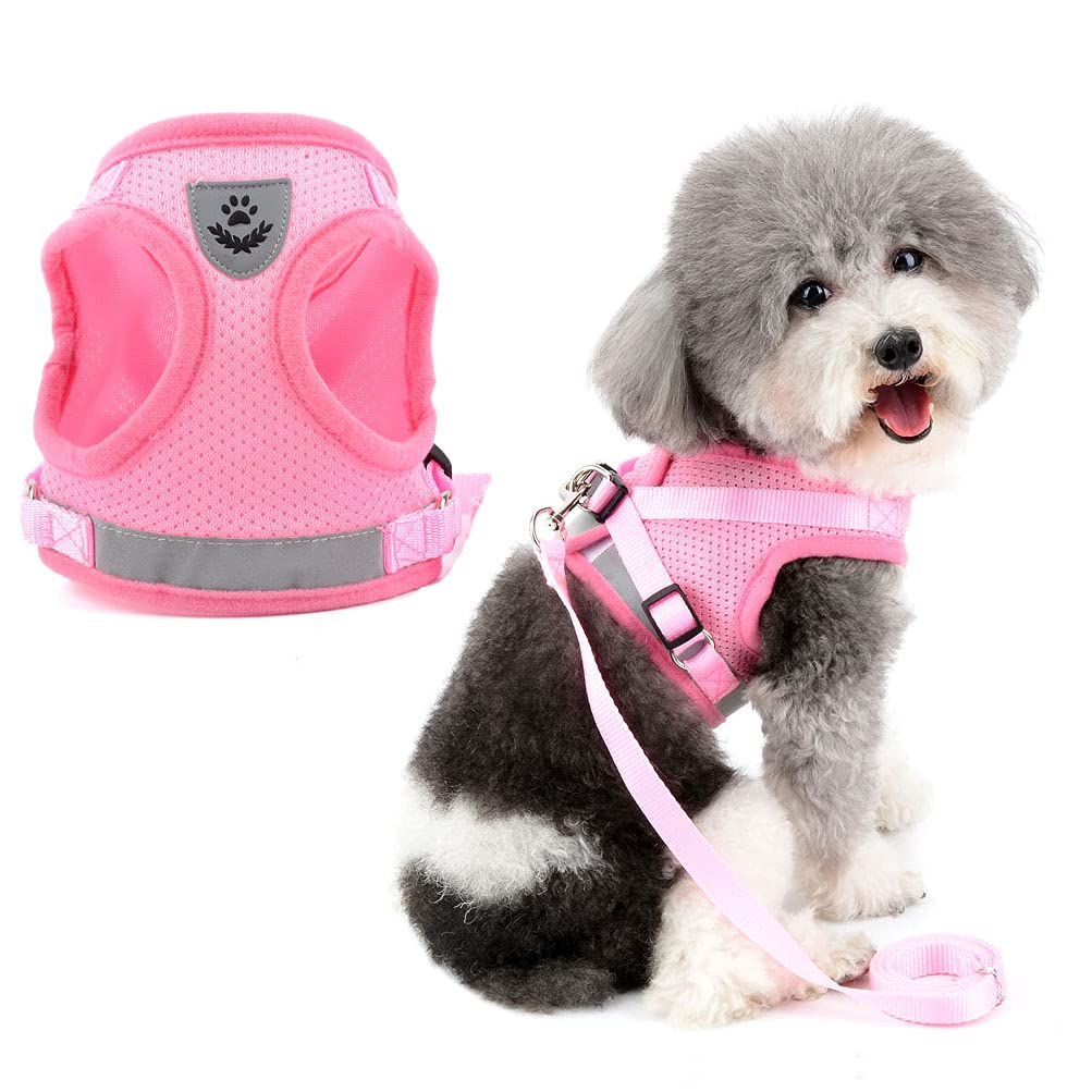 Zunea Dog Harness for Small Dog Cat No Pull Step-in Soft Mesh Padded Vest Harness Leash Set with Reflective Strap and Logo Adjustable Puppy Dog Lead for Daily Walking Running Training Pink XL