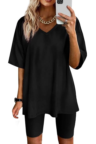 WIHOLL TWO PIECE OUTFITS FOR WOMEN SUMMER TRACKSUITS BIKER SHORTS SET BLACK S
