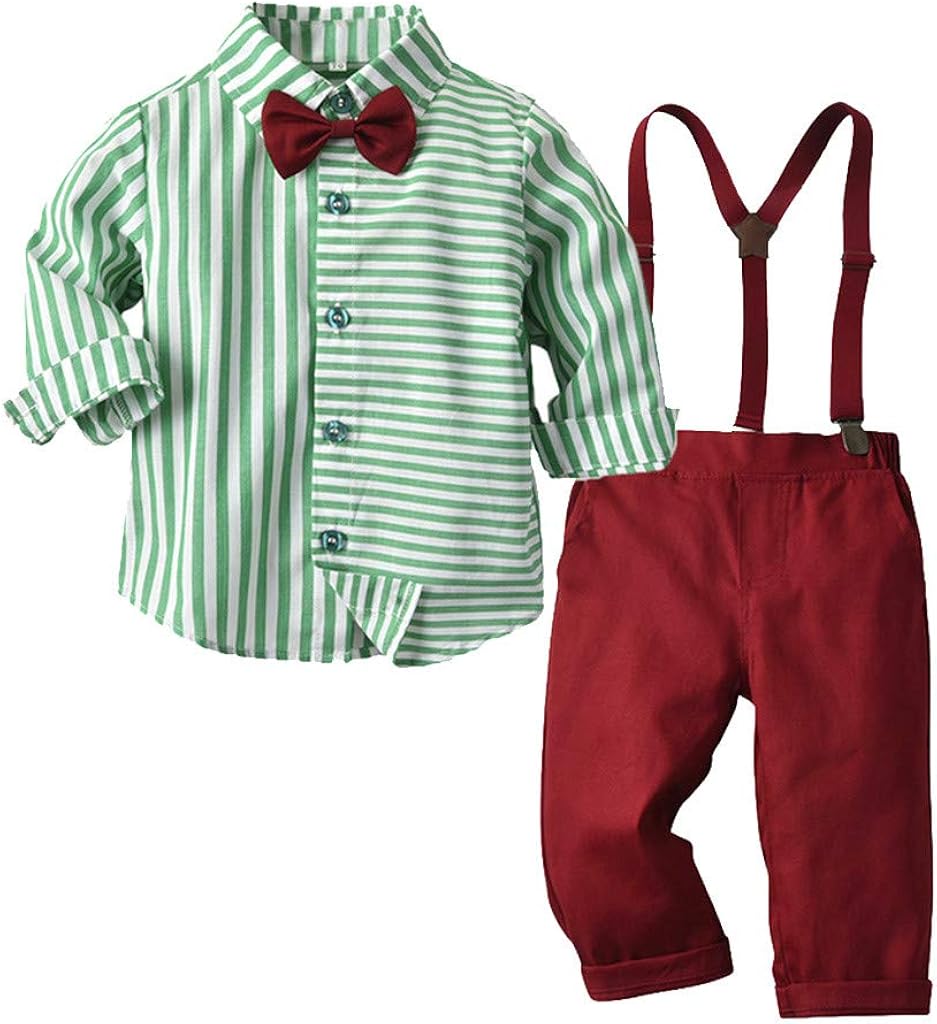 Toddler Baby Boys Children Gentleman Bow Tie Striped T-Shirt Tops+Suspender Pants Outfits for 0-5 Years Old