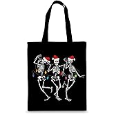 Whaline Gothic Christmas Canvas Tote Bags Spooky Dancing Skeleton with Santa Hat Shopping Bag Black Reusable Gift Goodie Bag for Xmas Winter Holiday Wrapping Storage Goodie Party Favor