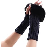 PESAAT Knit Arm Warmers Faux Fur Fingerless Gloves for Women Winter Wrist Warmers with Thumb Hole