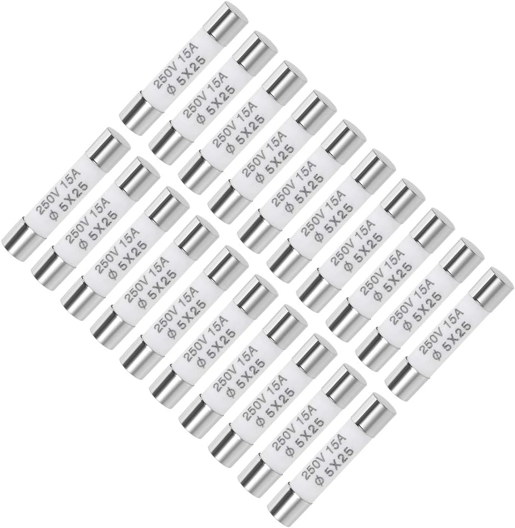sourcing map Ceramic Cartridge Fuses 15A 250V 5x25mm Fast Blow Replacement for Stereo Audio Alarm Amplifier Ceramic Fuses 20pcs