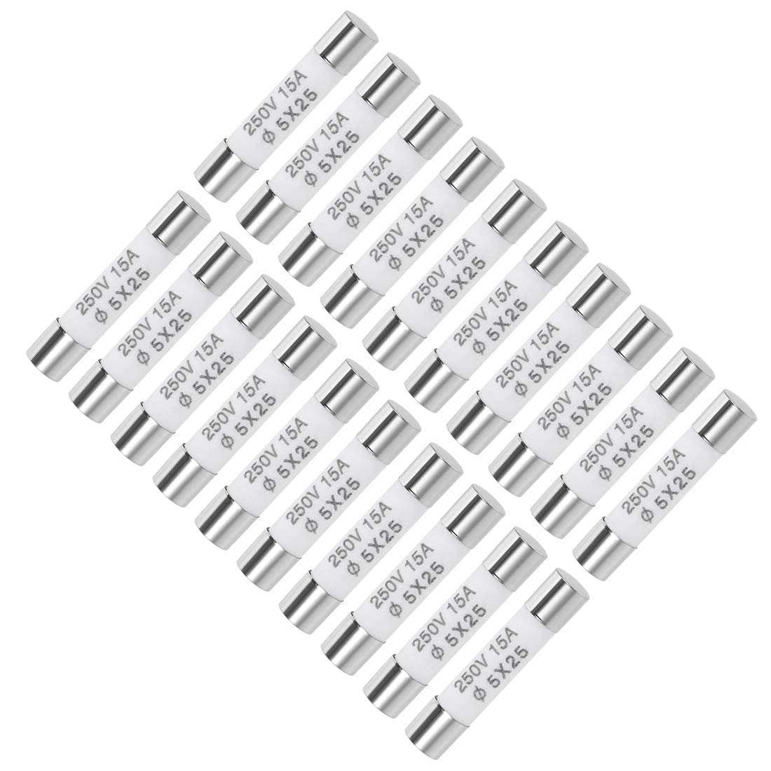 sourcing map Ceramic Cartridge Fuses 15A 250V 5x25mm Fast Blow Replacement for Stereo Audio Alarm Amplifier Ceramic Fuses 20pcs