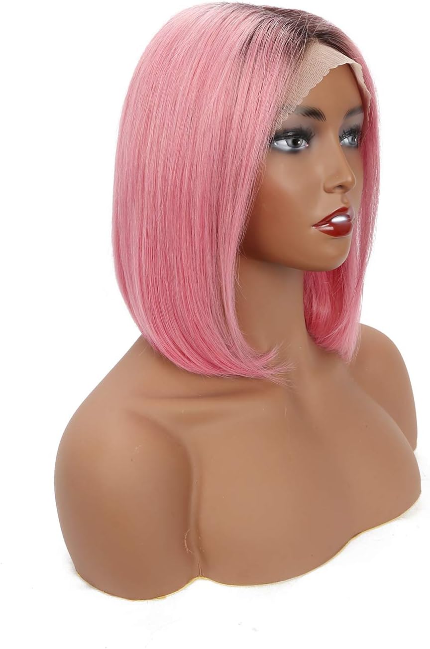 YILITE Short Bob Wigs Human Hair Ombre Natural Black Fading to Hot Pink 13x4 Lace Front Wigs Middle Part Straight Remy Hair 10 Inches