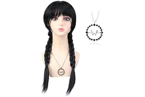 Bettecos Long Black Braided Wig for Women with Necklace Heat Resistant Synthetic Pigtails Hair Wigs for Adults Halloween Party Cosplay Costume (Adults Wig+Necklace)
