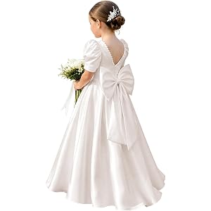 ZMSSXO Satin Flower Girl Dresses with Big Bow Puffy Sleeve Long A Line First Communion Dress Crew Neck V-Back Ball Gowns