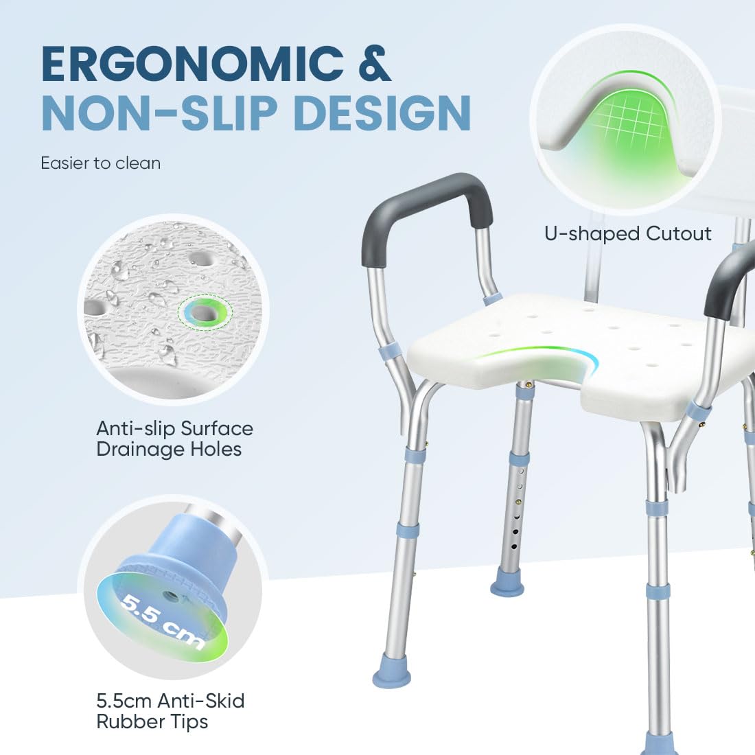 OasisSpace Heavy Duty Shower Chair with Back and Arms 300lb, Bathtub Chair with Handles - Medical Tool Free Shower Cutout Seat for Handicap, Disabled, Seniors & Elderly