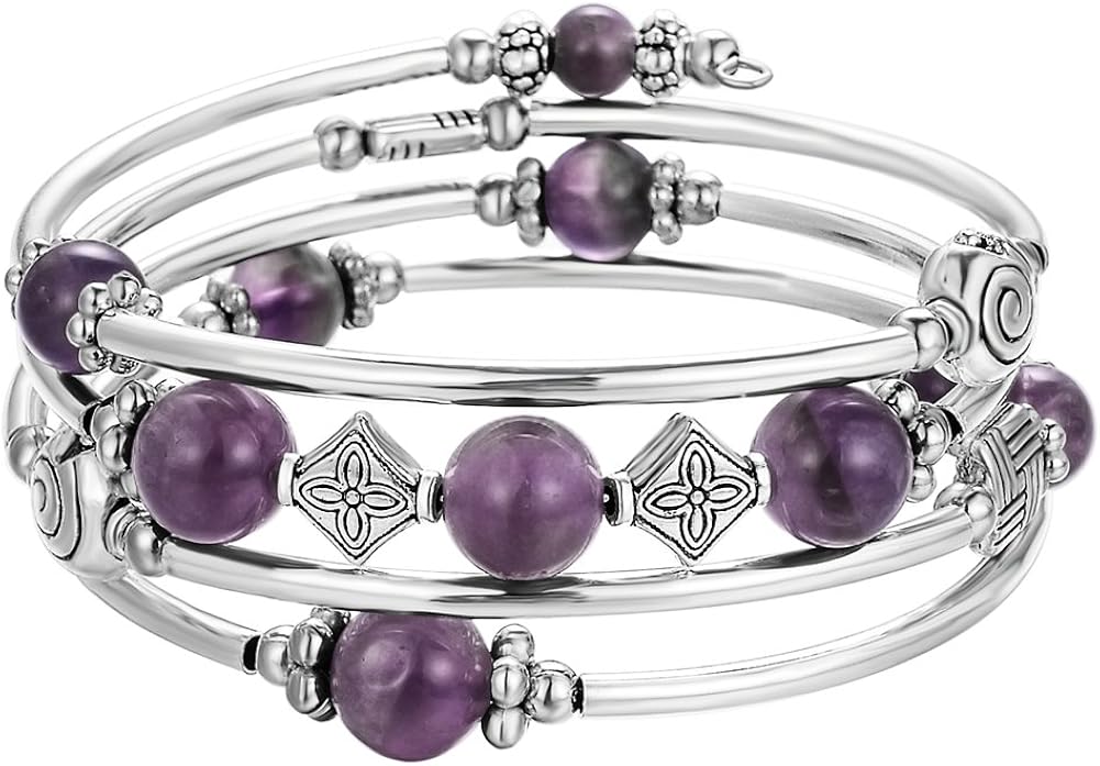 Beaded Pearl Bangle Wrap Bracelet - Fashion Bohemian Jewelry Multilayer Charm Bracelet with Thick Silver Metal Beads, Gift for Women and Girls