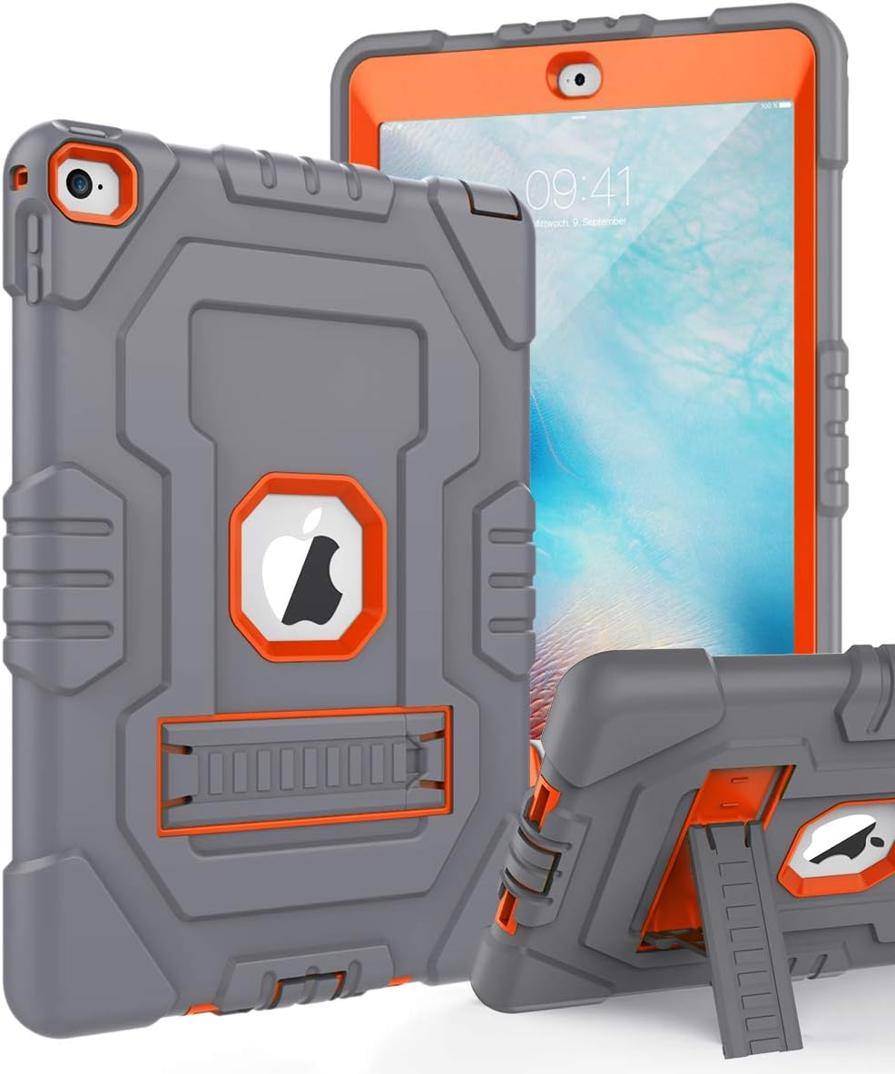 Miubox iPad Air 2 Case,[Three Layer]Shockproof Flexible Silicone and Hard Plastic Bumper with Sturdy Kickstand Case for iPad Air 2 /A1566/A1567,Grey/Orange(Only 9.7 Inch)