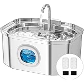 APAUK Cat Water Fountain Stainless Steel, Pet Water Fountain 108oz/3.2L | Large Capacity, Ultra Quiet Pump, Switchable Blue Light for Cats and Small Dogs, Includes 2 Filters &amp; 2 Sponges
