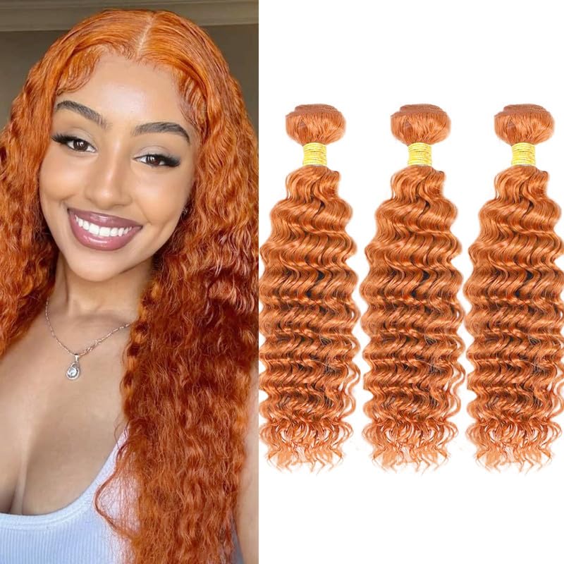Photo 1 of synthetic 18 20 22Inch Deep Wave Bundles synthetic Hair Brazilian Virgin Hair for Black Women 12A Wet and Wavy 3 Bundles Orange syntheticHair Weave (Ginger #350)