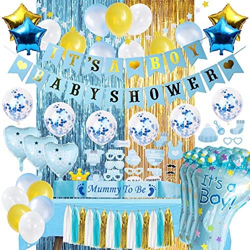 Baby Shower Decorations For Boy | ALL-IN-1 MEGA Bundle! | Blue & Gold Boys Set | Discount Direct Baby Shower Decorations - With Table Cover for Party | Gold Foil Curtain, Marble, Confetti, Heart & Star Shaped Balloons, 25 Pieces Photo Props, "Mummy To Be" Sash, "Baby Shower" & "Its A Boy" Banners & Much MORE! High Quality|
