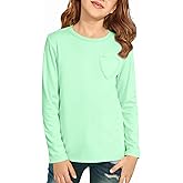 Haloumoning Girls Long Sleeve Heart Pocket T-Shirts Kids Cute Fall Tops Crewneck Basic Tees 5-14 Years