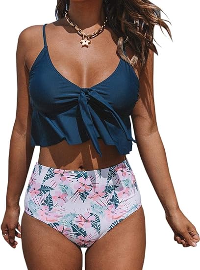 Amazon Ferbia レディース フリルビキニ 花柄 タイフロント 2ピース水着 ハイウエスト スパゲッティストラップ セクシー水着 Us サイズ Small ビキニ セパレーツ 通販