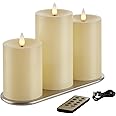 CozierGlow Rechargeable Flameless Pillar Candle with Remote Timer, 3D Moving Flame Real Wax Led Pillar Candles (Includes Remote Control, Charging Base, and USB Cable) (Ivory, 3in)