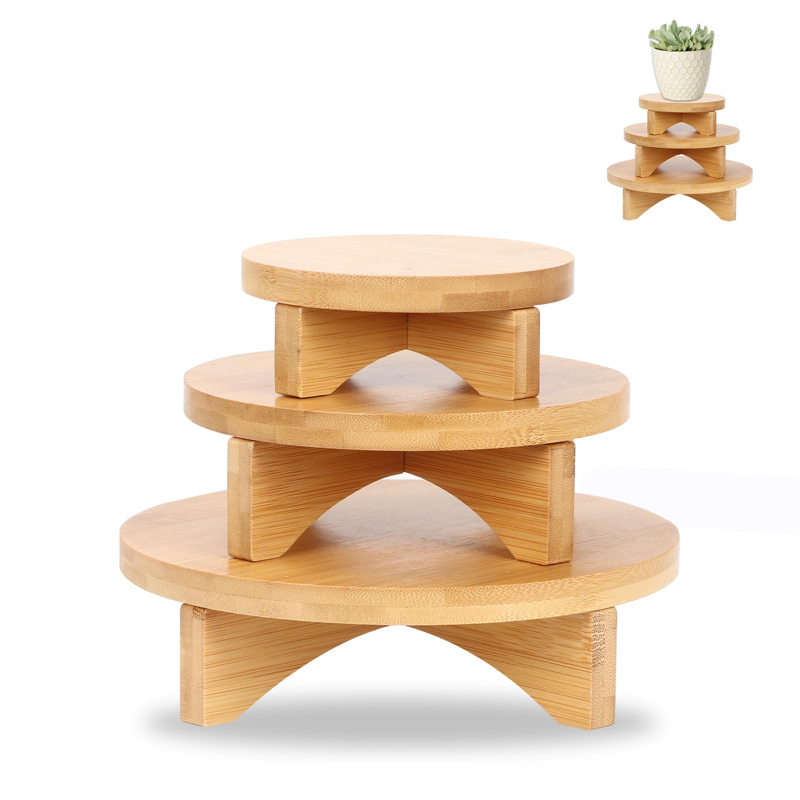BigKing Wooden Plant Display Stool，3 Sizes, Round Tube Design， Natural Wood Tray for Small Pots and Modern Ceramics， Perfect for Gardens, Homes, Desks, Counters and Room Décor