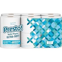 Amazon Brand - Presto! 2-Ply Ultra-Soft Toilet Paper, 12 Family Mega Rolls = 60 regular rolls, 12 Count, Unscented