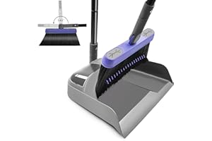 TRENNCHI Broom and Dustpan Set - 54" Long Handle 180° Swivel Broom with Vertical Dustpan Combing Teeth for Indoor Outdoor Cle