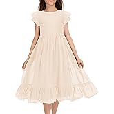 MITILLY Girls Elegant Lace Flower Crew Neck Ruffle Chiffon A-Line Flowy Birthday Party Midi Dress