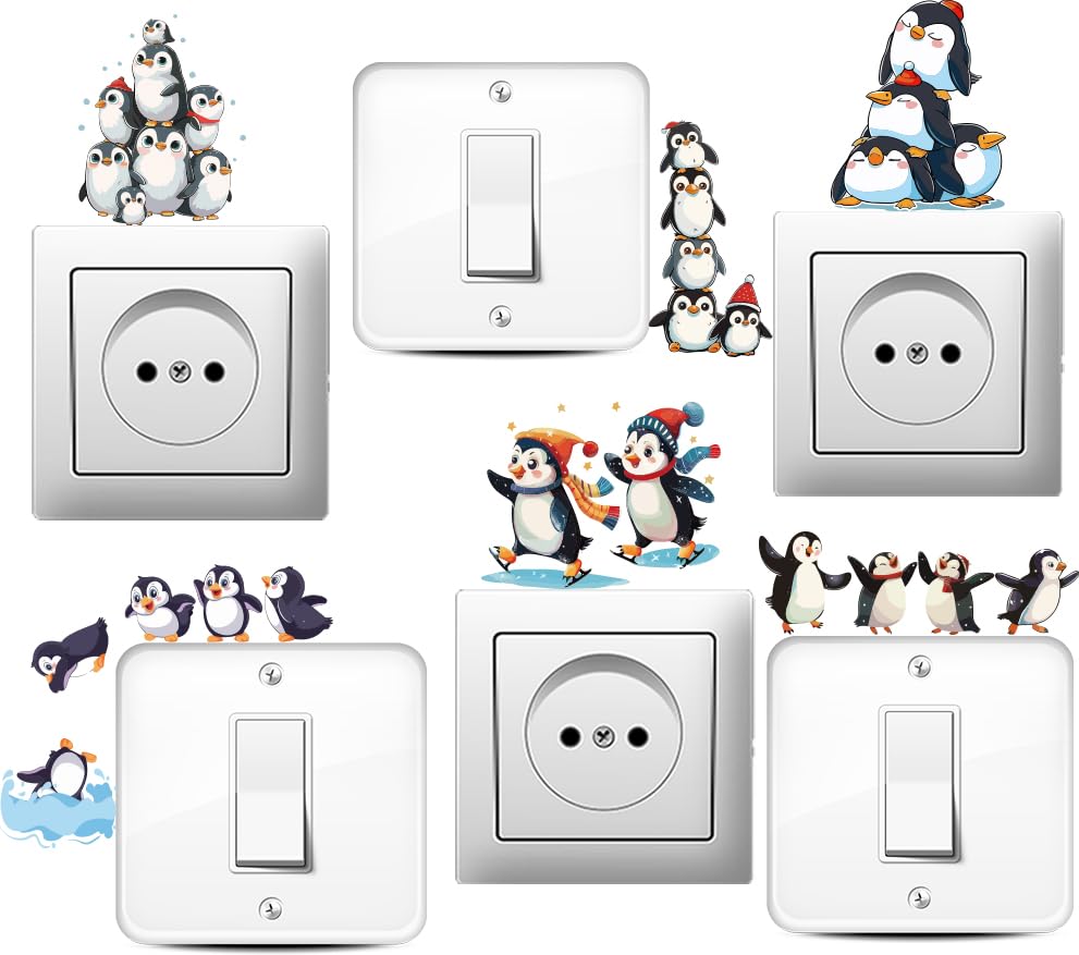 AHANDMAKER 6 Pcs Cute Penguin Creative Light Switch Stickers, Penguin Wall Sticker Penguin Light Switch Decals Penguin Decor Wall Sticker for Light Switch, Outlets, Ledge, Vehicle and Home Art Decor