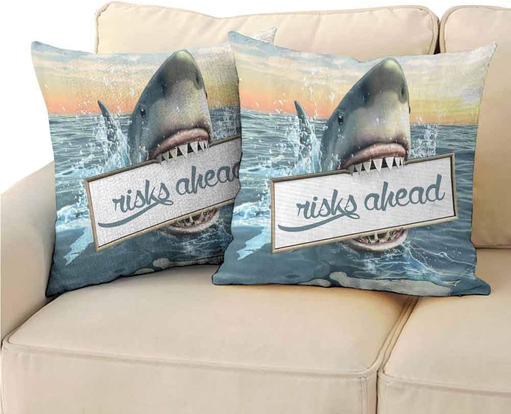 Pillowcase Personalized Artsy Great Shark Sea Decorations Fun Quotes Ocean Animals Scary Accessories for Men Cave IdeasFunny Anti Fading (2 PCS, 26x26 Inch) White Yellow Orange Gray Blue