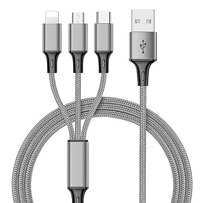 Multi Charging Cable, 3 in 1 Nylon Braided Multiple USB Fast Charging Cable - 4.1ft 1.25 Meters - Silver