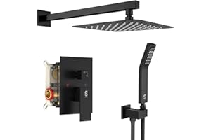 SR SUN RISE Black Square Rainfall Shower Head and Handle Set, Wall Mounted Shower Fixtures, Metal Shower Faucet Trim Repair Kits (With Shower Valve)
