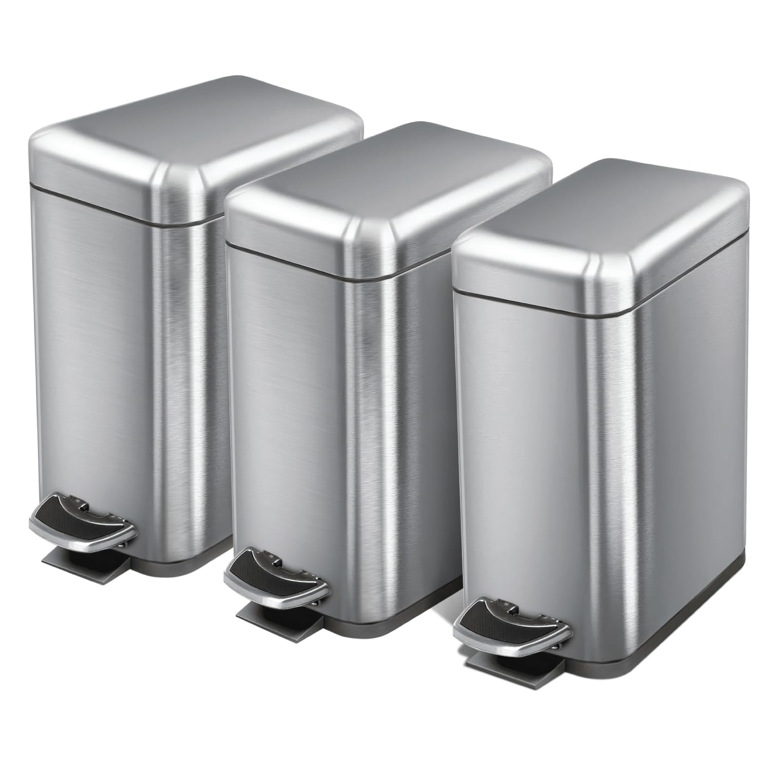Photo 1 of Home Zone Living 3-Pack 1.3 Gallon Small Bathroom Trash Can with Lid and Step Pedal, Stainless Steel Wastebasket with Slim Design for Home and Office, Silver, 5 Liters