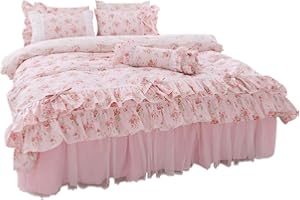 LELVA Romantic Rose Flower Print Bedding for Girls Duvet Cover Set with Bed Skirt Pink Lace Ruffle Floral Shabby Bedding Sets Full 4 Piece