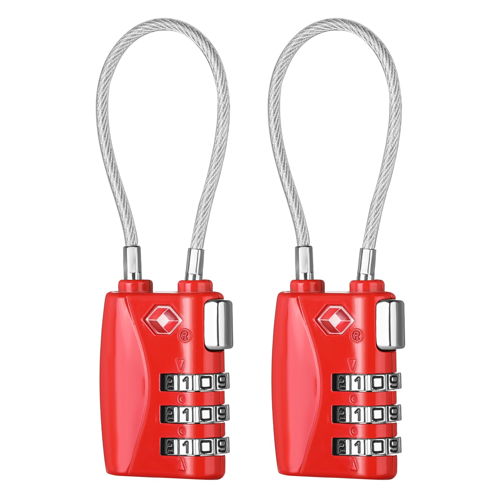 ZHEGE Luggage Locks TSA Approved, Combination Travel Padlocks for Suitcases with Flexible Cable, 3 Digit Code Wire Padlock for Backpack, Briefcase, Small Locker Locks for Gym (Red, 2 Pack)
