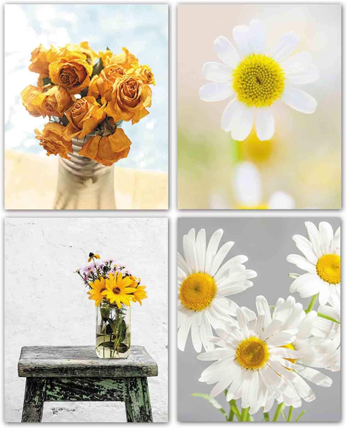 Modern Art Abstract Yellow Daisy Flower Painting Set of 4 Pieces (8”X10”Canvas Picture) Dining Room Kitchen Office Living Room Bedroom Home Decor Art Prints Unframed