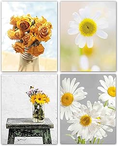 Modern Art Abstract Yellow Daisy Flower Painting Set of 4 Pieces (8”X10”Canvas Picture) Dining Room Kitchen Office Living Room Bedroom Home Decor Art Prints Unframed