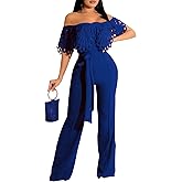 YouSexy Off Shoulder Jumpsuit for Women High Waist Wide Leg Long Pants Belted Romper Jumpsuits