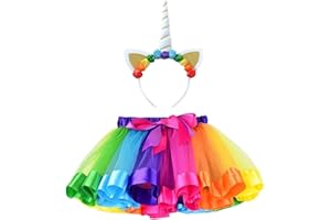 Phantomon Layered Tulle Girls Tutu Skirt Set Unicorn Rainbow Ballet Skirts with Unicorn Horn Headband Party Supplies