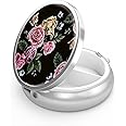 Pill Box 3 Compartment Medicine Pill Case,Portable Pill Box for Pocket or Purse Pill Box Decorative Metal Medicine Vitamin Organizer Unique Gift(Roses-On-Black-Background)