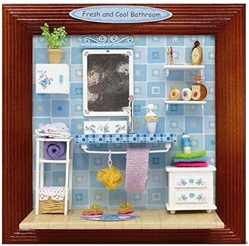 Famulei Wooden Handmade Dollhouse Miniature DIY Kit-Fresh Cool Bathroom LED Creative Dollhouse Decor