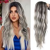 Kaneles Black Mix Blonde Long Wigs for Women Dark Root Loose Curly Wavy Fluffy Hair Wig Middle Part Synthetic Fiber Wig for Daily Cosplay Halloween Use