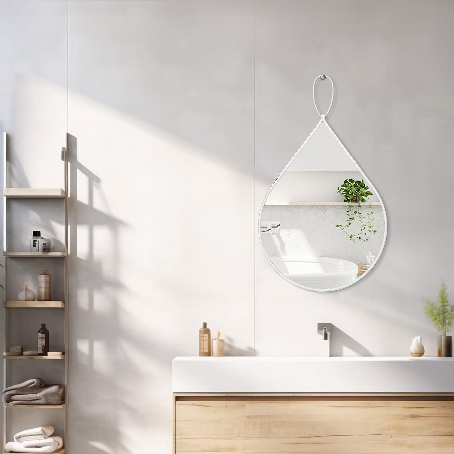 FEUFOAM Small Irregular Wall Mirror with Metal Framed Teardrop Mirrors for Wall Decorative Oval Mirror for Bathroom Living Room Bedroom Entryway Hallway White