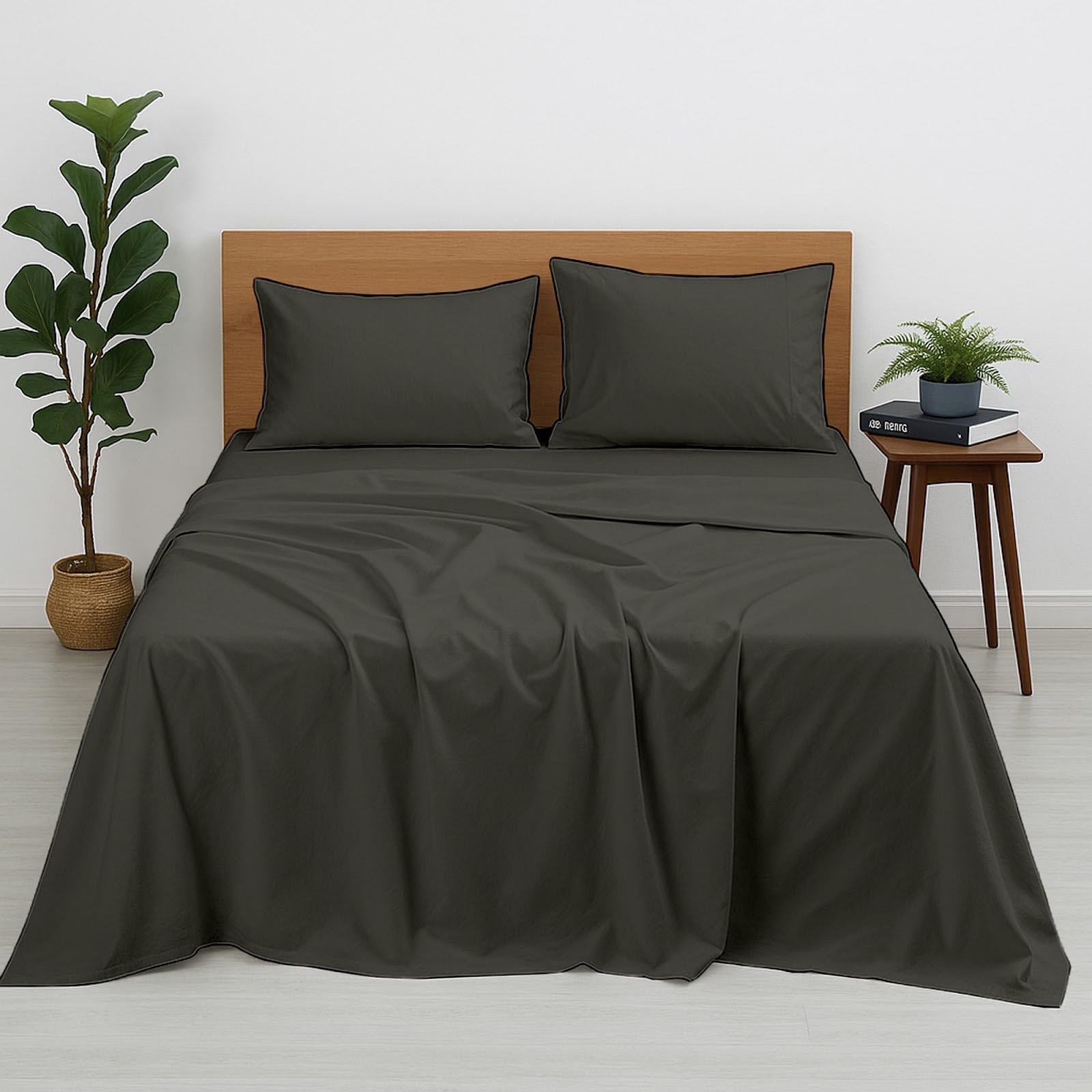 Photo 1 of Cottington Lane Premium Quality 100% Egyptian Cotton 4 Piece Olympic Queen Size Bed Sheet Set Fits 12 inch Deep Pocket Mattress, Naturally Cool, Soft & Durable Luxury Bedding, Dark Grey Solid