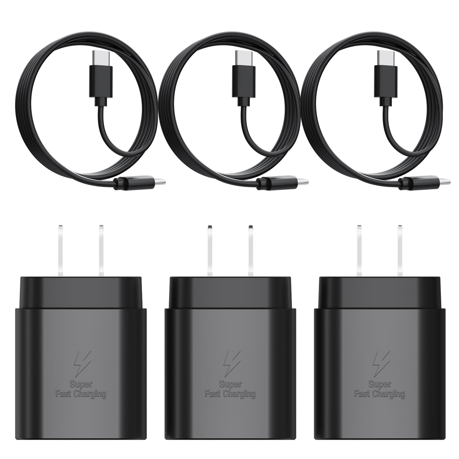 Type C Charger, 3-Pack 25W Type C Fast Charging Block with USB C Charger Cable Compatible with Galaxy S23 Ultra/S23+/S22/S21/S20/Phone 16/16 Plus/16 Pro Max/15/15 Pro Max/15 Plus（6FT Black）