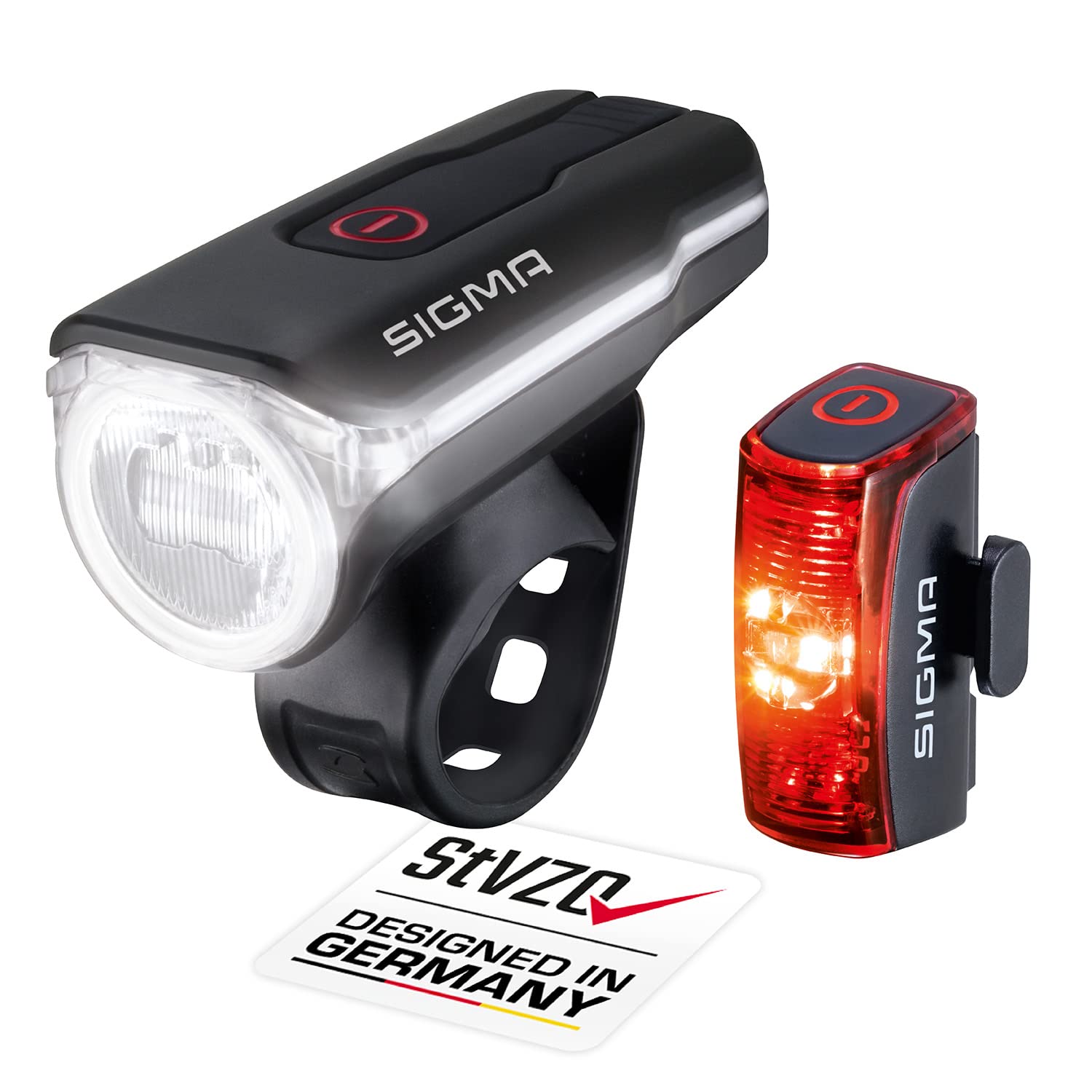 Sigma LED Fahrradlicht Set Aura 60 und Infinity | StVZO zugelassenes, akkubetriebenes Vorderlicht und Rücklicht | spritzwassergeschütztes Fahrradbeleuchtungsset