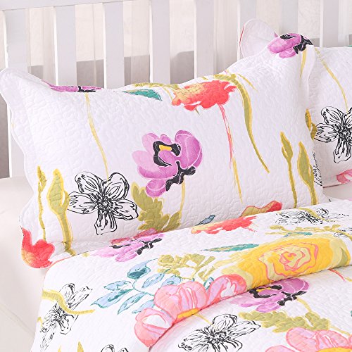 Artextile Yellow Floral Poppy Bedding Reversible Coverlet Bedspread 3Pieces Quilt Set ,Queen