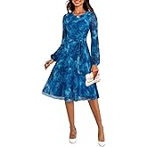 Zattcas Women's 2026 Spring Mesh Long Sleeve Floral Midi Dress Crew Neck A Line Flowy Cocktail Party Wedding Guest Dress