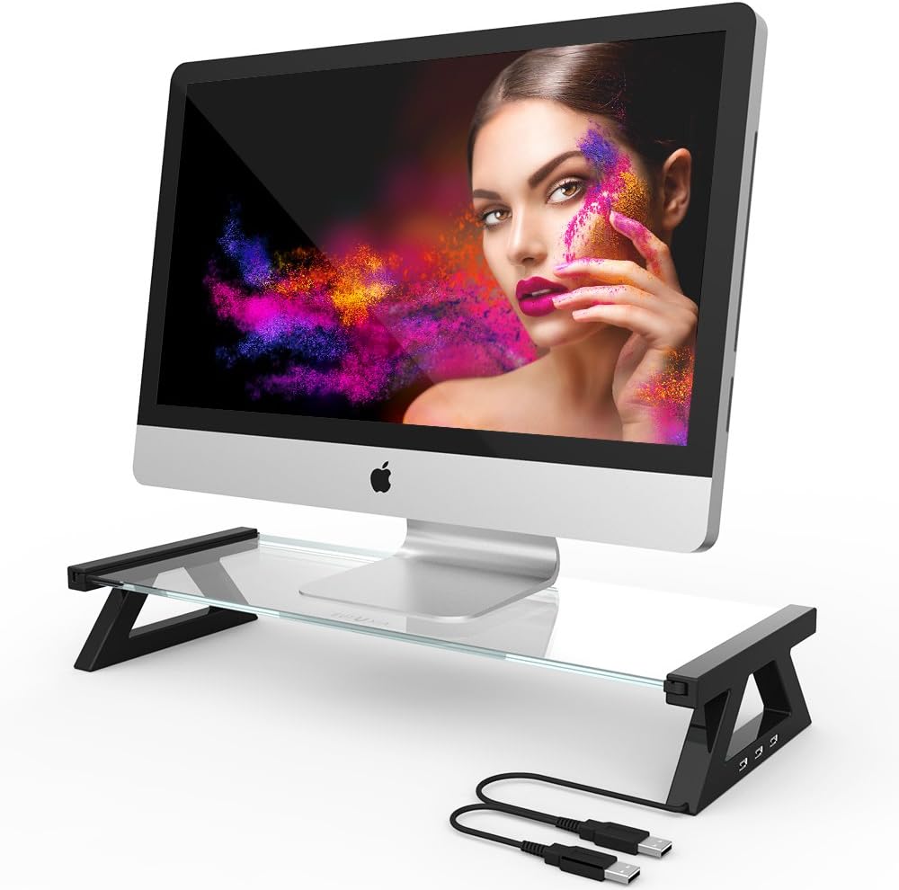 Eutuxia TYPE-X Tempered Glass Monitor Stand Riser 3 USB Ports 22.5 x 8.5 x 3.5" For Cubicles, Office Desktops