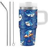 Hiboss Shark Gifts for Boys, Shark Tumbler with Handle and Straw for Kids 14 oz, Gifts for Sharks Lover Kids, Cute Sharks Themed Gift, Insulated Stainless Steel Mug Cup for Boys Girls