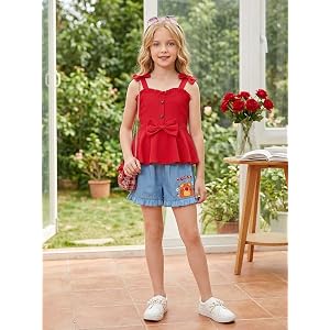Girls' Clothing Sets Bow Cami Top & Cartoon Bear Print Shorts 2-Piece Casual Summer Outfit, 8-12Y