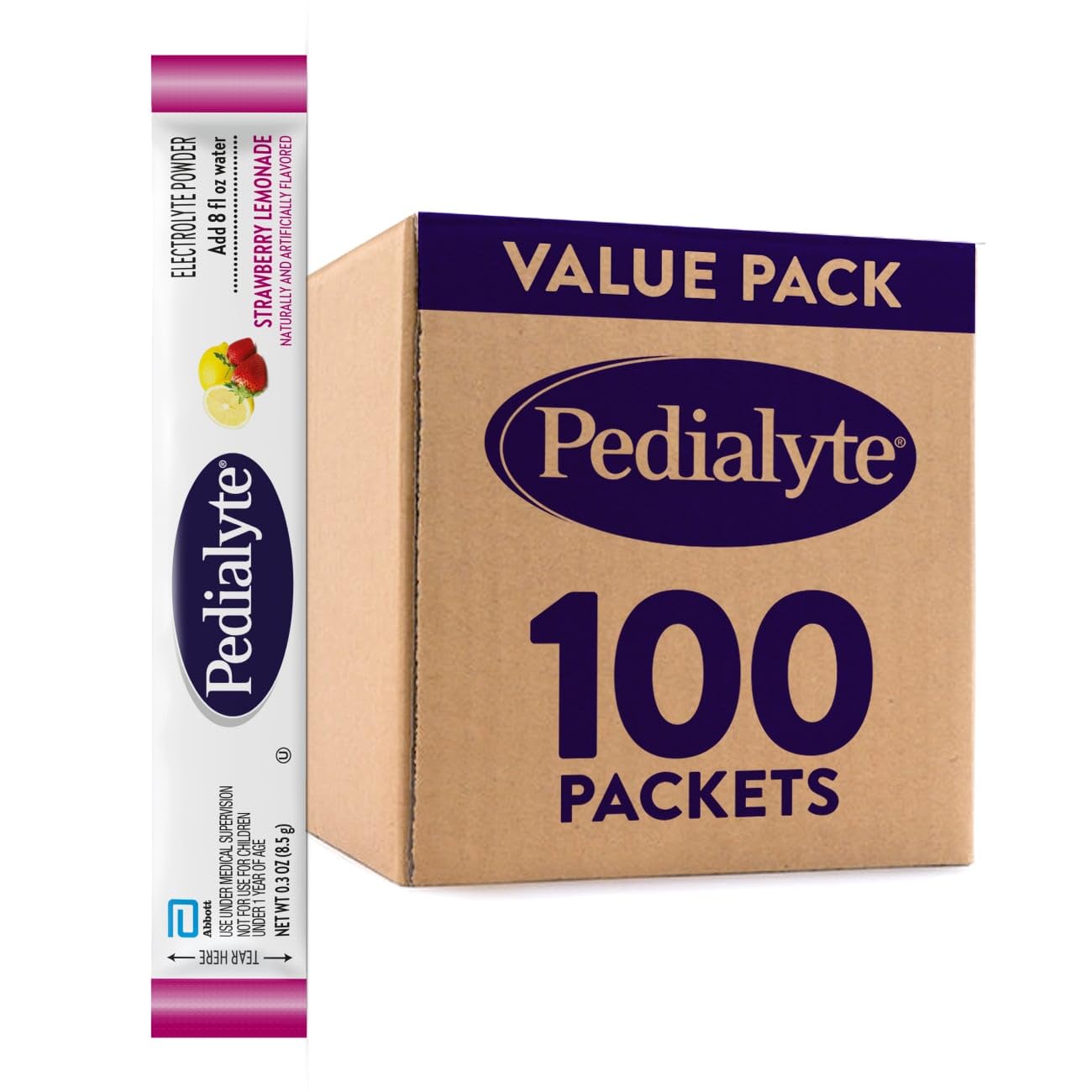 Pedialyte Electrolyte Powder | Hydration Drink for Kids & Adults | Strawberry Lemonade, 100 Powder Packets Image