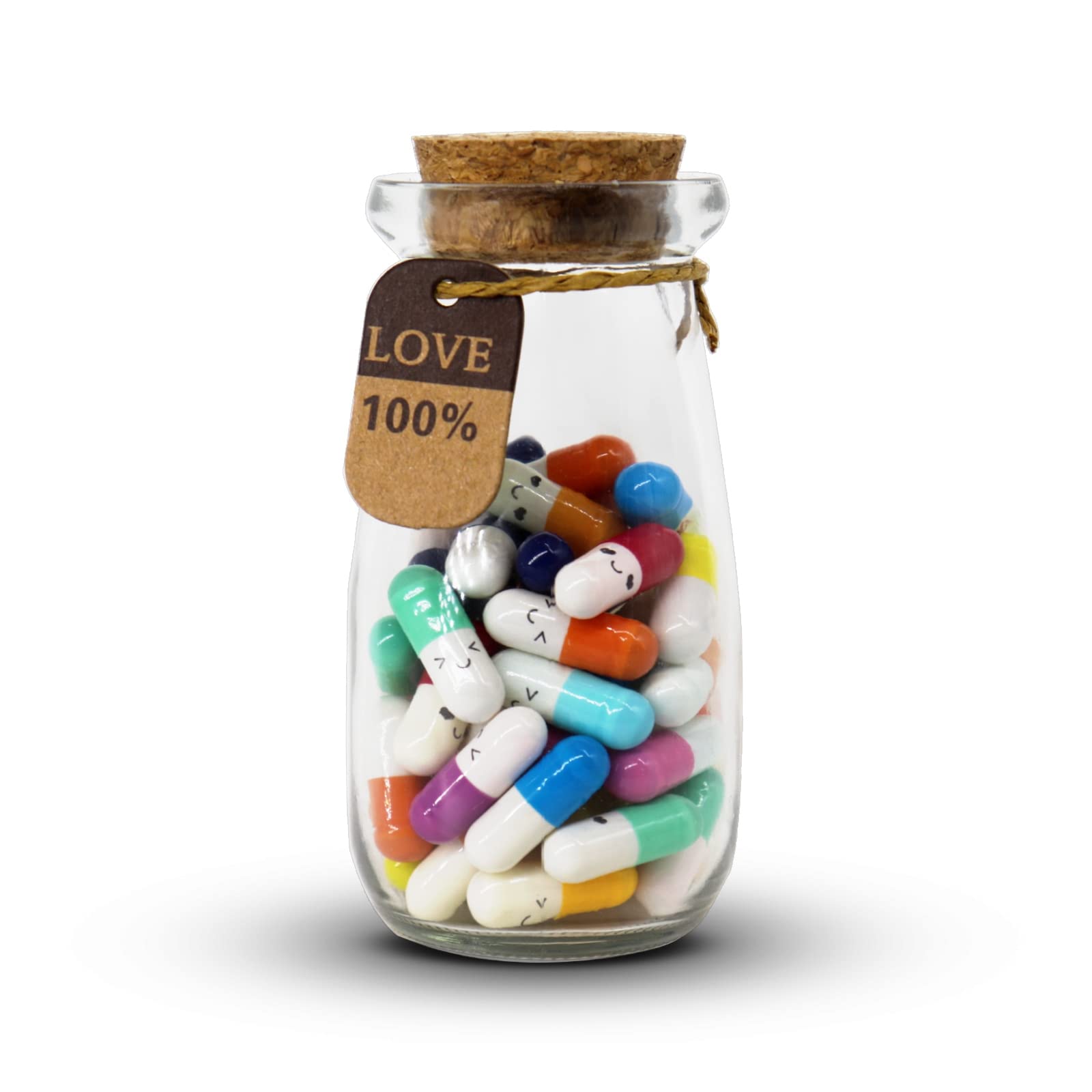 Mczcent Capsule Letters Message in a Glass Bottles-50Pcs, Cute Smiling Face Love Friendship Letter Colors Happy Pill with Wishing Bottle, Message Pills for Boyfriend Girlfriend Lovers Family